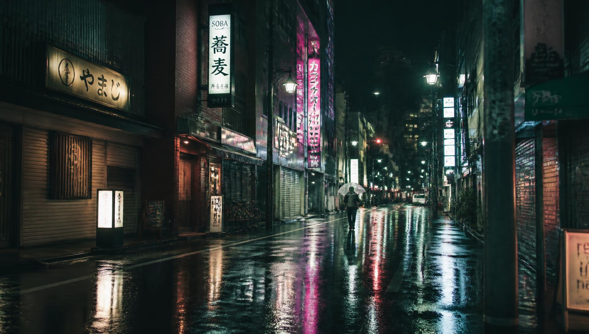 Nächtliche Straße mit Spiegelungen nach dem Regen