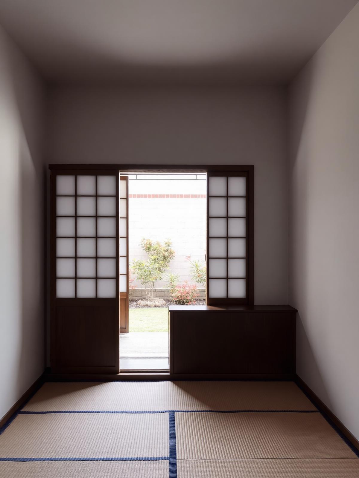 Leerer Tatami-Raum mit Gartenblick